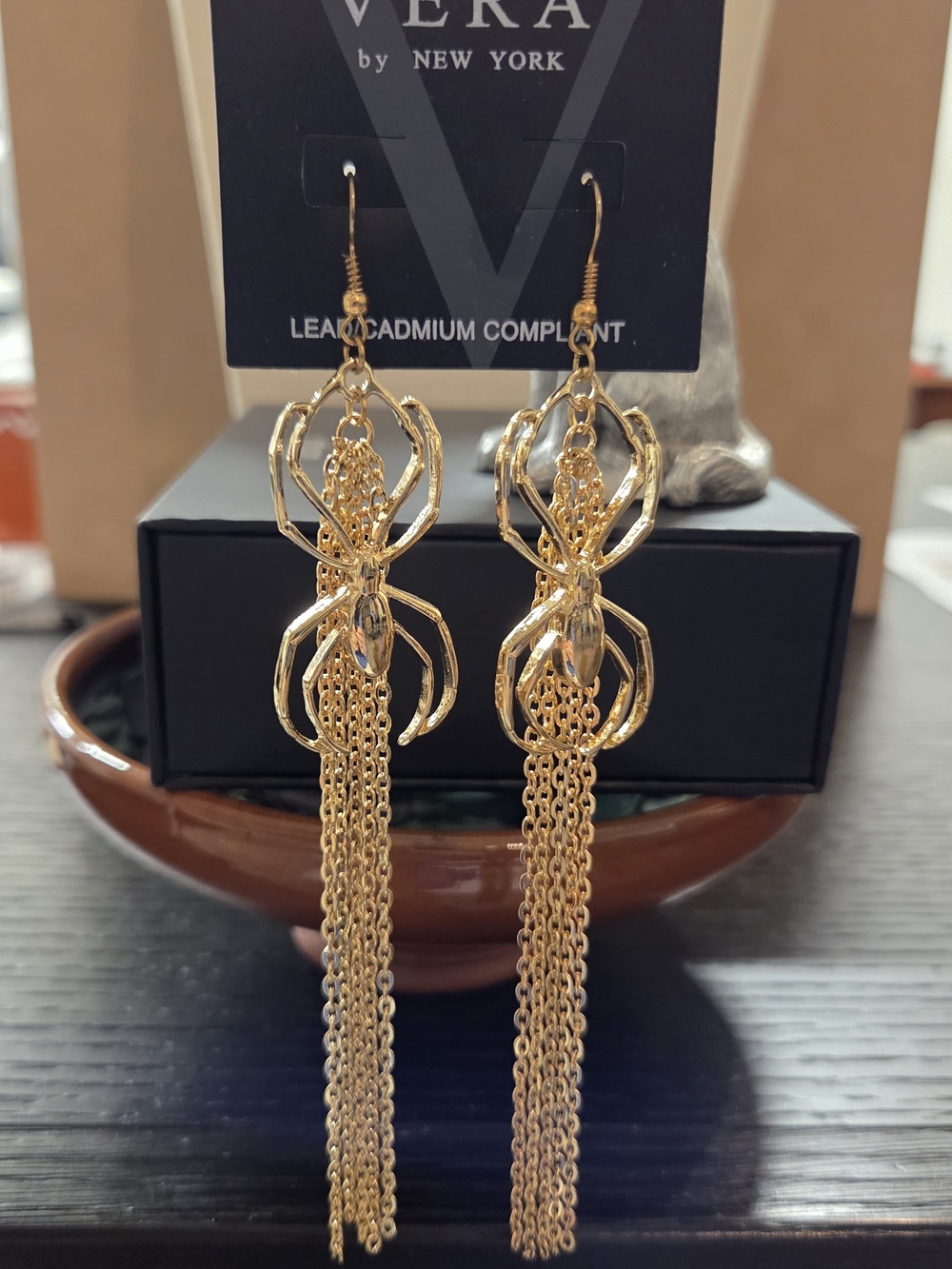 Halloween Spider Gold Tone Dangle Tassel Earrings Spooky & Glamorous!